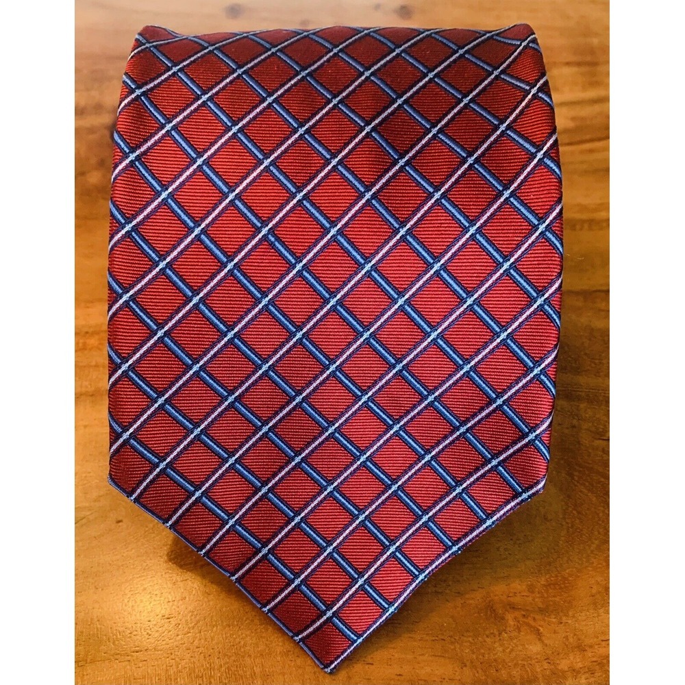 Axcess 100% Silk Handmade Check Red Blue White Tie